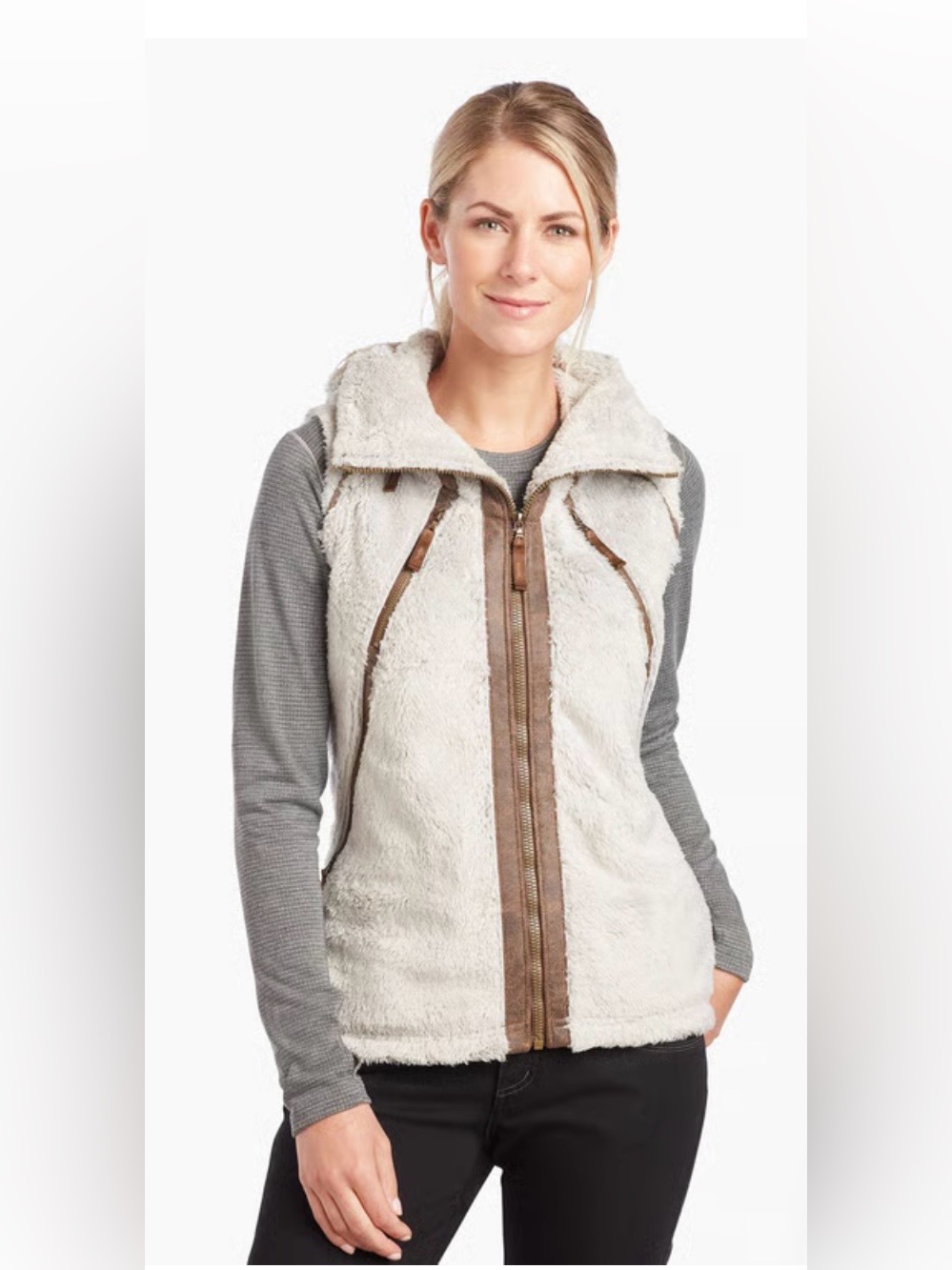 Kuhl Flight Vest Womens XL Stone Fleece Hooded Full Zip Sherpa Gorpcore